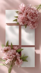 Poster - Elegant pink peony flowers with lush green leaves arranged on blank photo frames on soft pink background for floral decor and nature themes