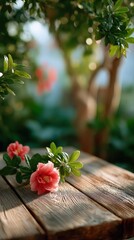 Poster - Vibrant Pink Camellia Flowers Blooming on a Wooden Table in a Lush Green Garden with Soft Natural Lighting