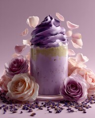 Poster - Elegant tall glass of lavender and white layered ice cream with purple whipped cream swirl topping surrounded by pink and purple roses and scattered petals on soft pastel background