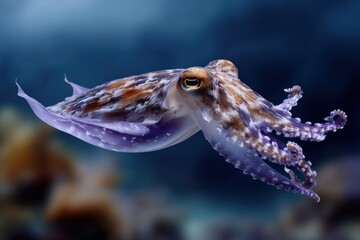 Poster - Close-up of a vibrant purple-brown octopus with detailed textured skin and large eyes swimming underwater in a marine environment