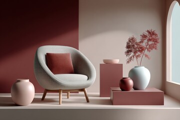 Aufkleber - Modern minimalist interior design with a cozy accent chair, decorative vases and plants in soft pink and neutral tones for stylish home decor