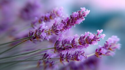 Poster - Close-up of vibrant purple lavender flowers blooming on green stems with a soft blurred background showcasing nature and floral beauty
