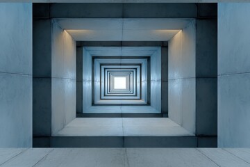 Poster - Modern architectural concrete tunnel with repetitive rectangular openings in cool blue tones with lighting effects for futuristic design inspiration