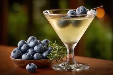 Poster - Elegant clear cocktail glass with refreshing blueberry martini garnished with fresh blueberries and herbs on wooden table outdoors du daytime