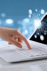 Poster - Modern digital technology concept with human hand interacting with futuristic virtual interface on sleek laptop screen in a contemporary workspace