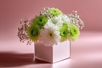Poster - Elegant floral arrangement in a modern square white vase featu white chrysanthemums green button mums and pink baby's breath on soft pink background