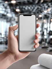 Poster - Modern smartphone held in hand in an industrial illuminated environment with blurred background of machinery and equipment