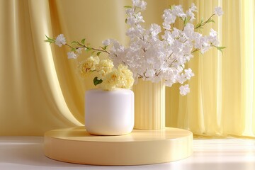 Poster - Elegant interior scene with white cherry blossom flowers in a white ceramic vase on a round beige table next to golden curtains in soft natural lighting