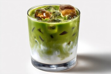 Poster - Refreshing Matcha Green Tea Latte with Milk and Ice Cubes in a Clear Glass Suitable for Cold Drinks and Summer Refreshments