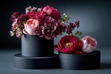 Poster - Elegant floral arrangement with pink and deep red peonies and carnations in stylish round black boxes for home decor or special occasions