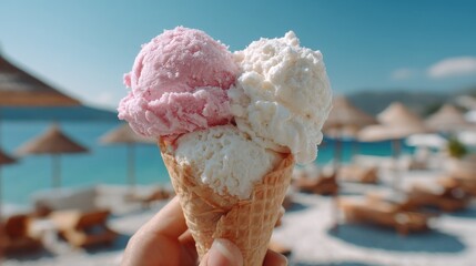Poster - Delicious three scoop ice cream cone with pink and white flavors in hand against beach with umbrellas and clear blue sky du summer daytime