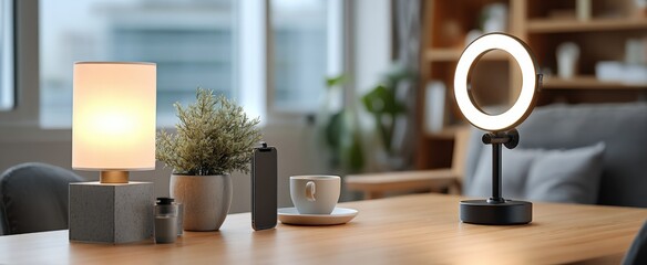 Poster - Modern living room desk setup with light, lamp, potted plant, coffee cup, and contemporary decor for home workspace and interior design