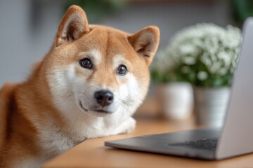 Poster - Adorable Shiba Inu puppy with curious expression sitting near laptop at home with potted plants and white flowers in background