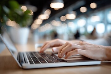 Poster - Person typing on a slim modern laptop with illuminated bokeh background in a cozy cafe or workspace environment