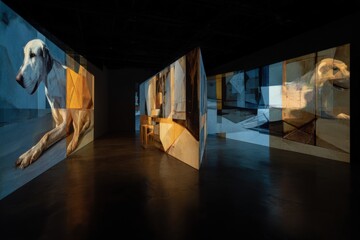 Poster - Immersive Digital Art Installation Featu Projected Abstract Animal and Geometric Patterns on Curved Walls in a Dark Modern Gallery Space