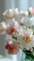 Poster - Beautiful soft pastel tulips in a glass vase with natural light, close-up floral arrangement for sp decor or interior design inspiration