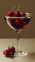 Poster - Elegant glass of fresh bright red cherries in clear cocktail glass on neutral background with two cherries beside the base