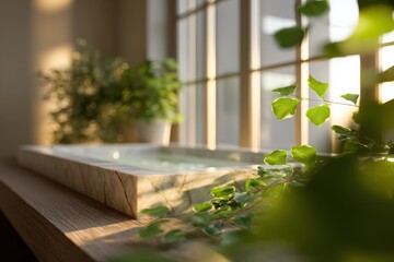 Aufkleber - Bright Sunlight Streaming Through Large Window Illuminating Indoor Green Plants on Wooden Table in Cozy Home Environment