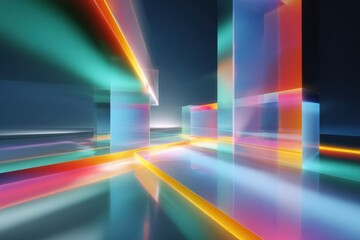 Poster - Futuristic colorful illuminated cityscape with glowing skyscrapers and vibrant neon light reflections on glossy surfaces at night