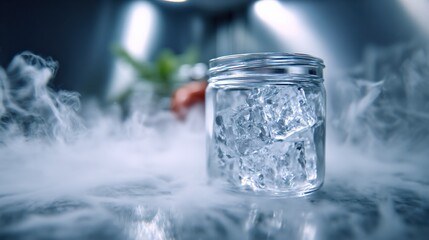 Poster - Cold Transparent Ice Cubes in a Glass Jar with Mist and Vapor Effect on a Dark Background for Refreshing Beverage and Cold Storage Theme