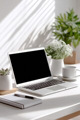 Poster - Modern minimalist workspace with open laptop on clean desk illuminated by natural sunlight, with potted plants and coffee mug for productivity