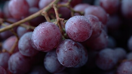 Poster - Fresh frozen red grapes with water droplets close-up detailed macro shot for healthy snack and fruit purity presentation