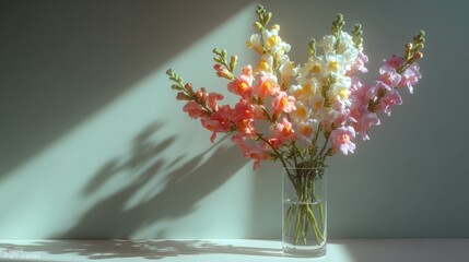 Poster - Elegant artificial flower bouquet in glass vase with pink white and peach blossoms on a soft shaded background for home decor