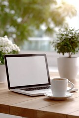 Poster - Modern workspace with laptop and coffee cup on wooden table near window with indoor plants and natural light in a cozy office setting