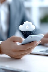 Poster - Close-up of a person's hand holding a smartphone with a digital cloud security icon hove above, depicting cloud data protection and technology