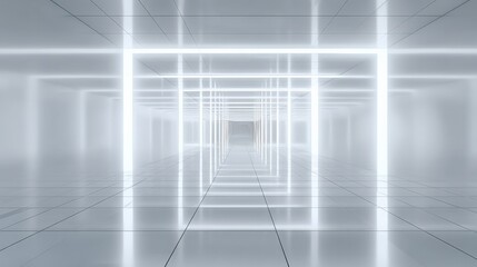 Poster - Futuristic Bright White Neon Light Tunnel with Reflective Floor and Ceiling Creating a Infinite Corridor Effect in a Modern Technology Style