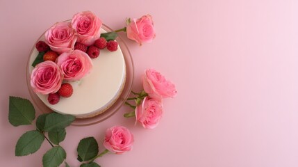 Poster - Elegant round white cake decorated with pink roses and raspberries on a pink background perfect for celebrations and special occasions