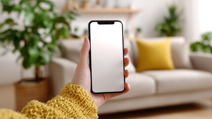 Poster - Modern smartphone held by hand in living room with cozy sofa and houseplants creating a warm contemporary home interior scene