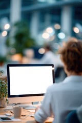 Poster - Business professional working on a computer in a modern office with large and blurred colleagues in the background du daytime