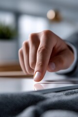 Poster - Close-up of a person's hand using a smartphone touchscreen device with a blurred modern office background and natural lighting