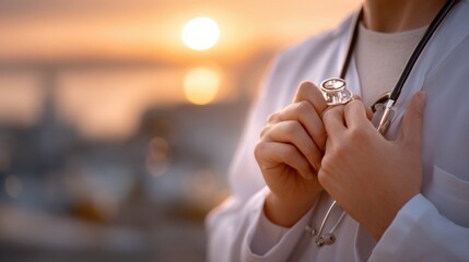 Poster - Medical professional in white coat holding a stethoscope du sunset with blurred background, healthcare worker analyzing patient health