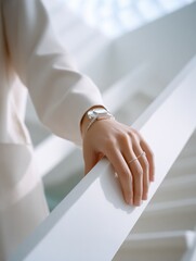 Poster - Close-up of elegant woman's hand resting on white railing with delicate jewelry and natural light in modern interior environment