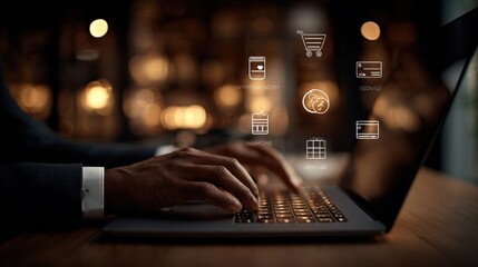 Fototapete - Businessman working on a laptop using futuristic digital icons for data analysis and online shopping in modern office setting