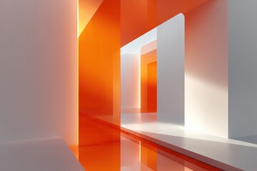 Poster - Modern interior corridor with vibrant orange and white walls, glossy floo, minimalistic design, abstract architecture, artistic space image