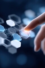 Poster - Human finger pressing a hexagonal button on a futuristic digital touchscreen interface with glowing holographic elements and digital connection lines