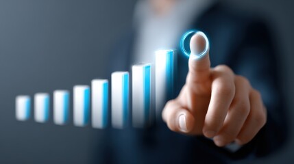 Poster - Businessman in formal suit touching glowing digital bar chart indicating growth and progress on futuristic technology interface