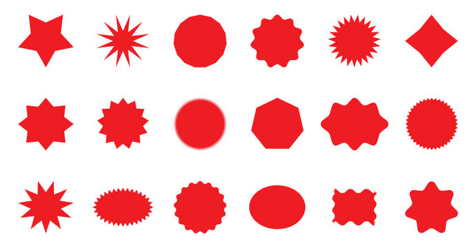 Starburst stickers. Set of red starburst, starburst labels. Black icons on white background
