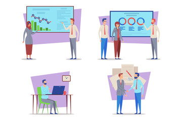 Poster - In vibrant workspace, business professionals engaged in various activities such as meetings, presentations, and teamwork. Dynamic and productive working environment concept