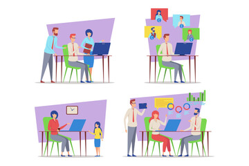 Poster - Group of professionals engaged in various activities in contemporary office environment. Teamwork, discussion, and virtual communication throughout workday concept