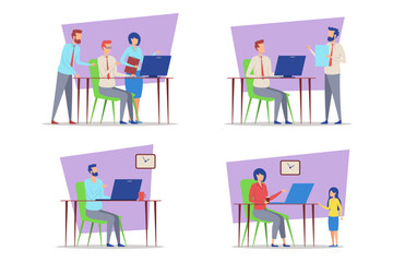 Poster - Collection of illustrations showing business activities, including teamwork, meeting discussions, planning, and report analysis in professional setting