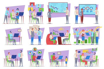 Poster - Professionals engaged in various activities including meetings, presentations, and discussions in modern office setting. Teamwork and innovation in problem-solving concept