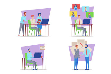Poster - Diverse group of professionals engaged in various tasks in vibrant office. People collaborating at computers, discussing projects, and sharing ideas. Teamwork and productivity concept