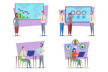 Poster - Professionals engaged in collaborative discussions and presentations in bright, modern office. Teams focusing on charts, reports, and brainstorming sessions to drive success