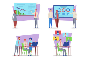 Poster - Vibrant collection of business professionals engaged in various activities like discussing data, presenting charts, and collaborating in front of screen filled with graphics and charts