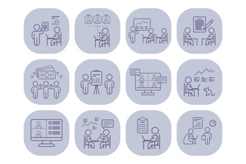 Poster - Set of line icons with various business activities, including meetings, discussions, presentations, and teamwork. Business communication concept