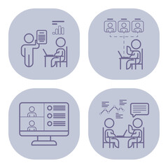 Poster - Collection of icons depicting business communication activities. Presentations, video calls, discussions, and data analysis. Collaboration in professional setting concept